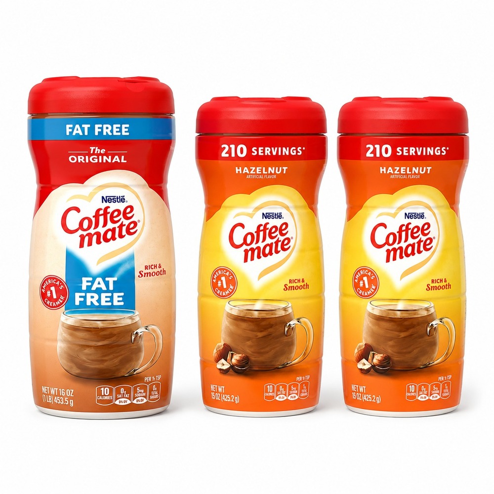 Coffee Mate Powder Creamer Lot of 3 Hazelnut 15 oz x2 + Fat Free Original 16 oz